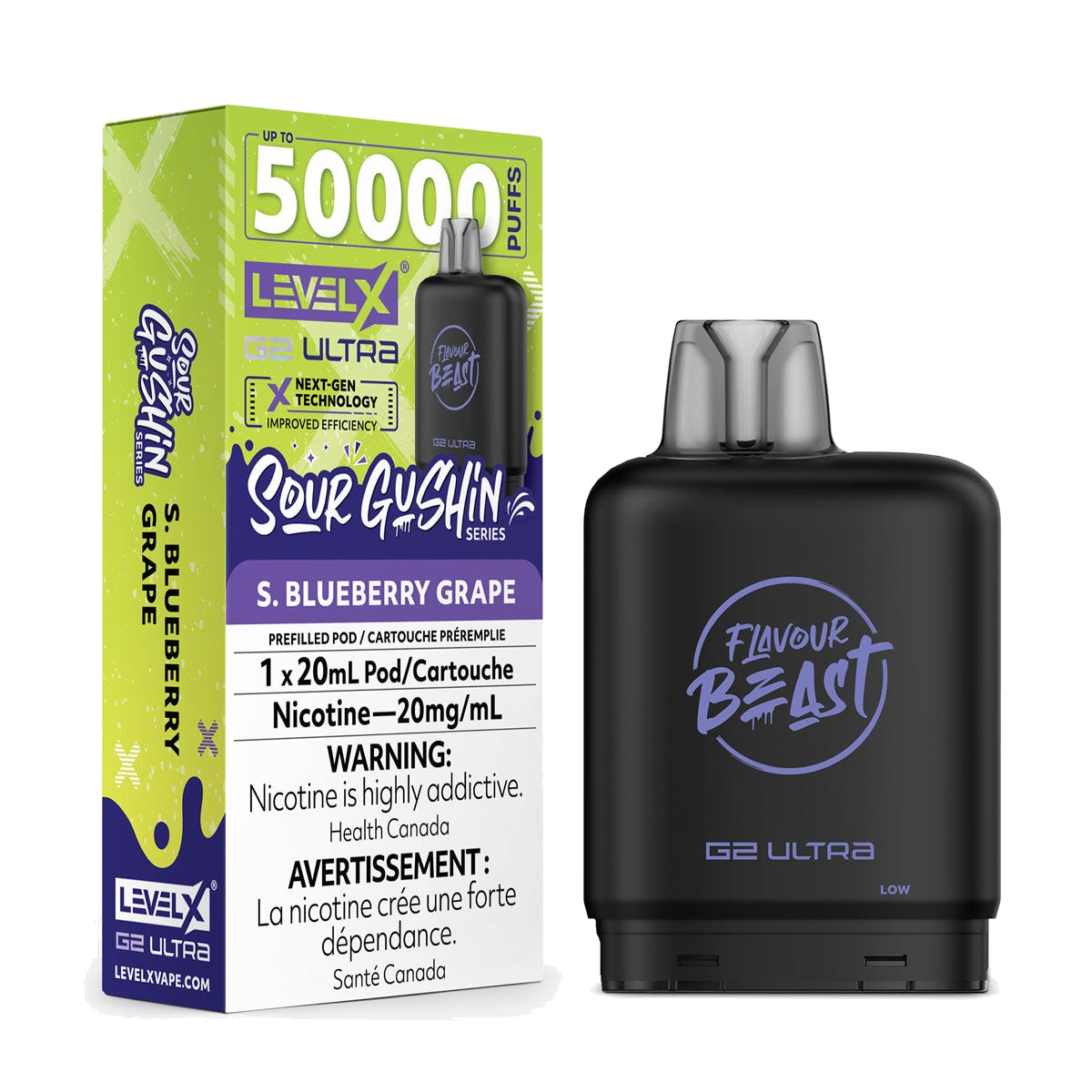 Level X Sour Gushin 50k G2 Ultra Pods S. Blueberry Grape