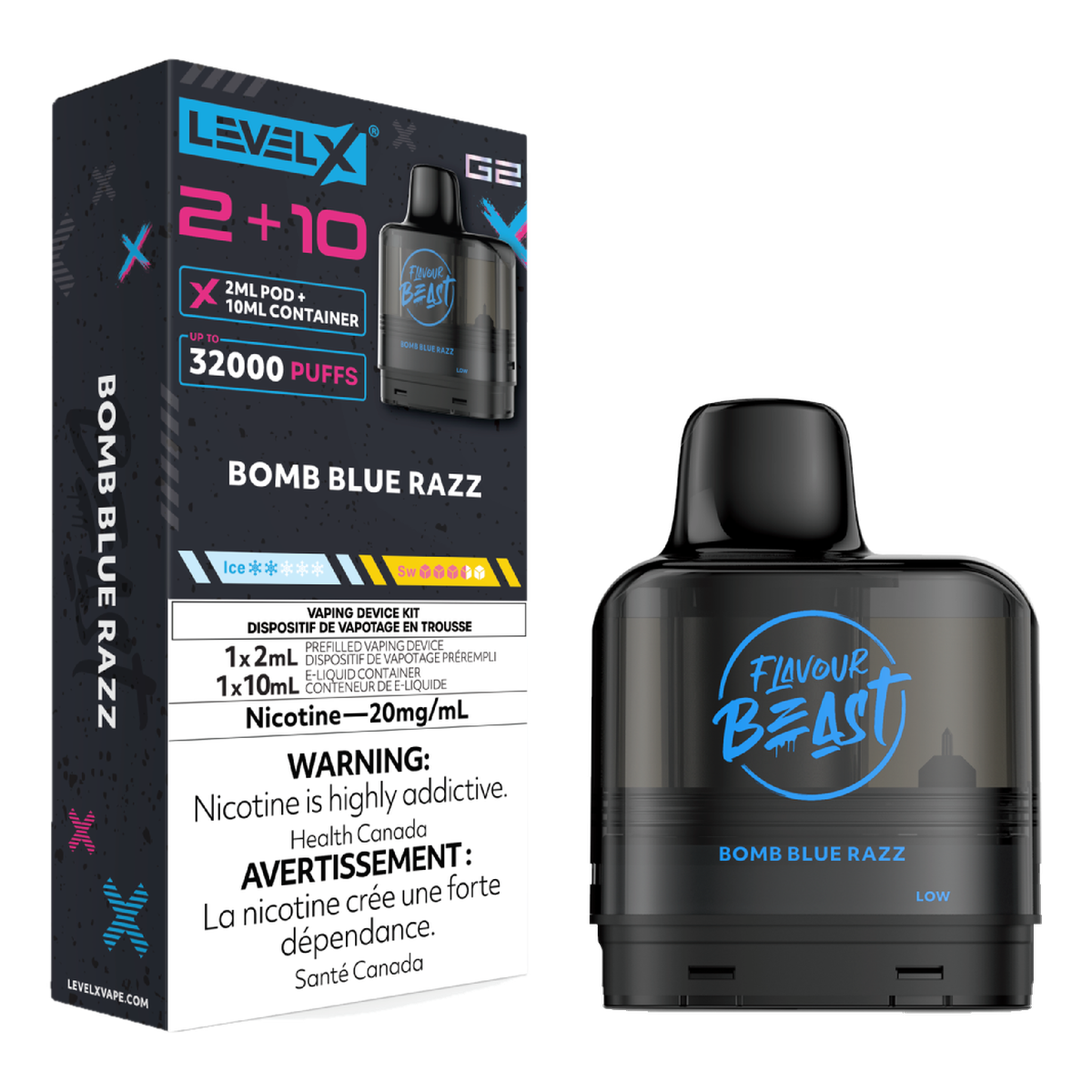 Level X Flavour Beast 32k G2 2+10 Pods Bomb Blue Razz